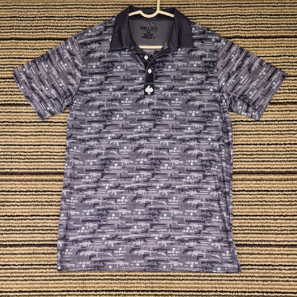 PINS & ACES Golf Co Grey Black All Over Print Guns Medium Mens Golf Polo Shirt